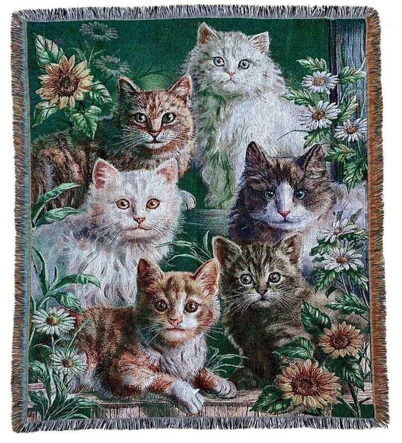 EZ.enjoy Garden Cat Flower Woven Tapestry Throw Blanket Wall Hanging Art Handicrafts Jacquard Multipurpose Soft Travel Mat Outdoor with Fringe Tassels 50 X 60 Inches - Image 1